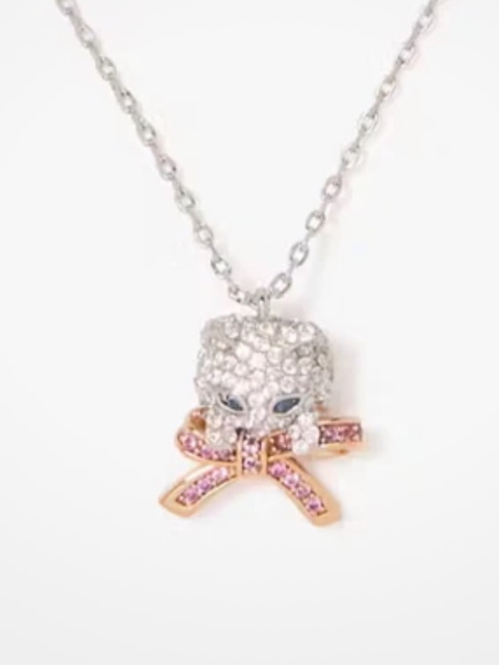 Kate Spade Pawlina Cat Pendant Necklace Crystal Bow Silver tone